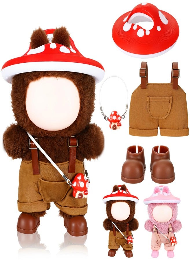 Simgoing Mushroom Doll Outfit Set 17cm Dolls Clothes Cute Mushroom Hat Adjustable Straps Overalls Mini Crossbody Bag Doll Shoes 3D Printed Accessory(Brown) - Image 1